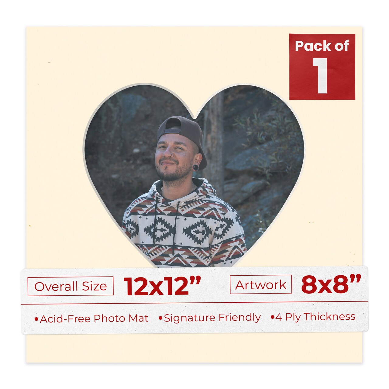 Bamboo Beige Mat Board for 12x12 Frames - Heart Opening for 8x8 Photos